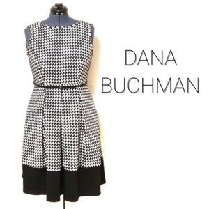 Pleated Houndstooth Fit Flare Belted Dress EUC